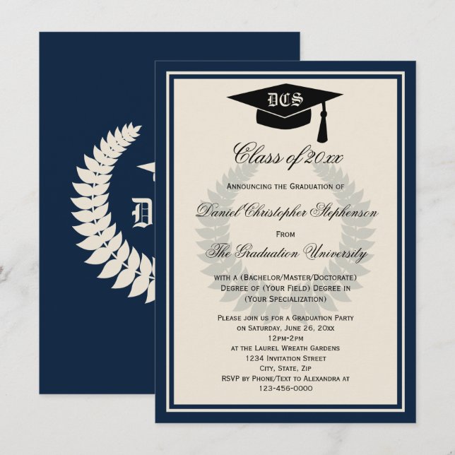 Navy Monogram Laurel Classic College Graduation Invitation (Front/Back)