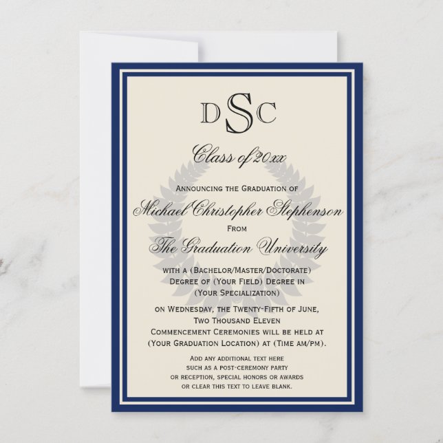 Navy Monogram Laurel Classic College Graduation Invitation (Front)