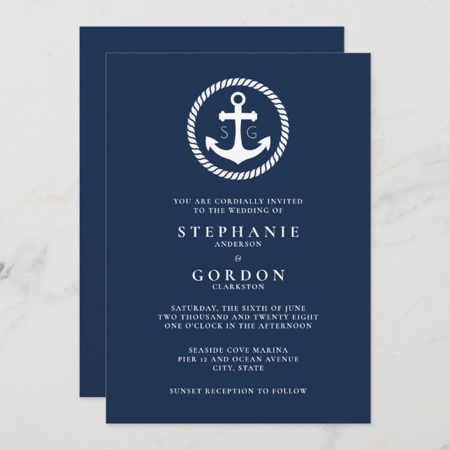 Navy Monogram Nautical Wedding Invitation (Front/Back)