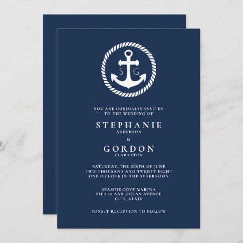 Navy Monogram Nautical Wedding Invitation