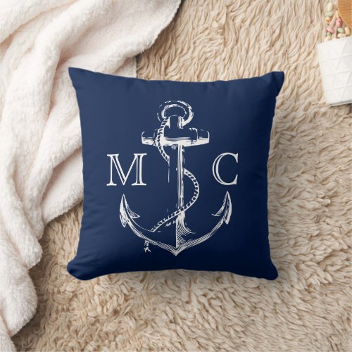Navy Monogram Nautical White Sketch Anchor  Throw Pillow