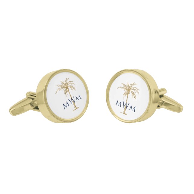 Navy Monogram on Artistic Gold Palm Tree Tropical Cufflinks (Angled)