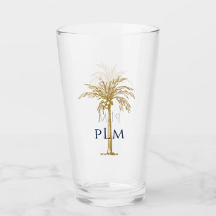 Navy Monogram on Artistic Tropical Gold Palm Tree Glass