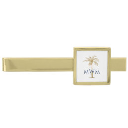 Navy Monogram on Artistic Tropical Gold Palm Tree Gold Finish Tie Bar