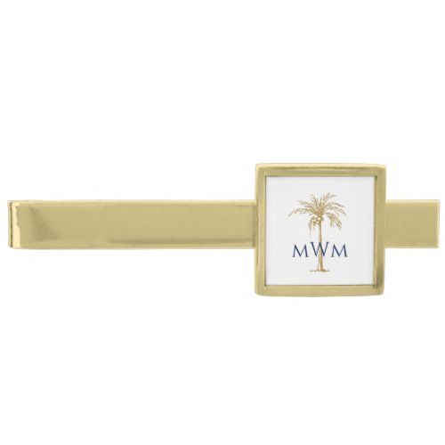 Navy Monogram on Artistic Tropical Gold Palm Tree Gold Finish Tie Bar