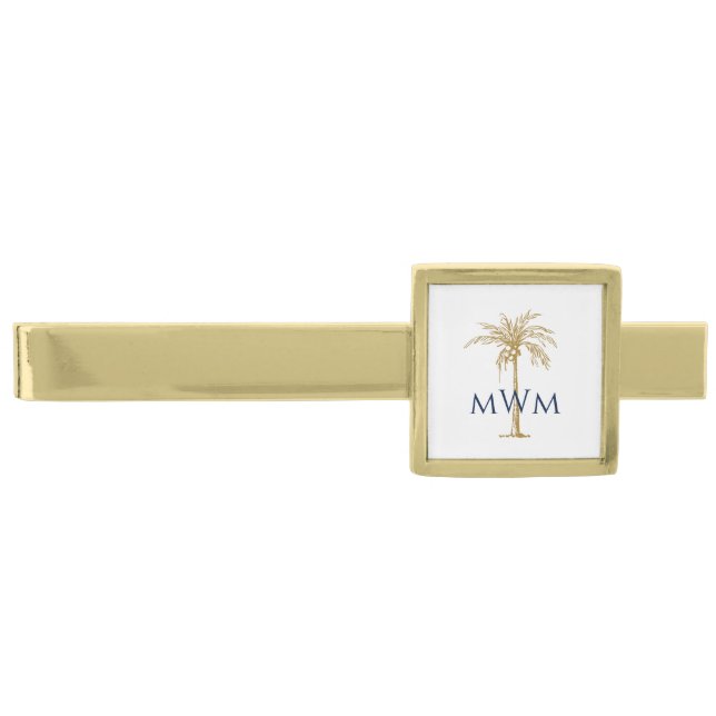 Navy Monogram on Artistic Tropical Gold Palm Tree Gold Finish Tie Bar (Front)