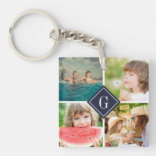 Navy Monogram Photo Collage Keychain (Front)