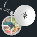 Navy Monogram Photo Collage Locket Necklace<br><div class="desc">Custom locket necklace with personalized monogram and square collage of 4 photos bordering your monogram or other custom text in a diamond frame. Click Customize It to change text, fonts and colors to create a unique design. A perfect gift for family, friends, newlywed couples, parents, and grandparents! This template works...</div>