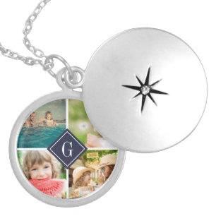 Navy Monogram Photo Collage Locket Necklace