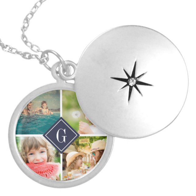 Navy Monogram Photo Collage Locket Necklace (Front)