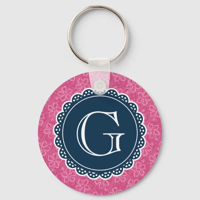 Navy Monogram Pink Hibiscus Pattern Keychain (Front)