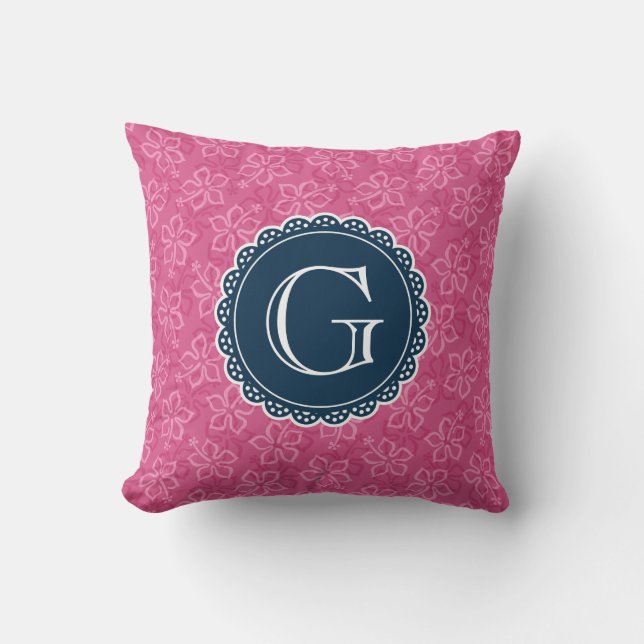 Navy Monogram Pink Hibiscus Pattern Throw Pillow (Front)