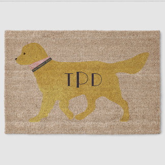 Navy Monogram Preppy Golden Retriever Tan Jute Fiber Doormat