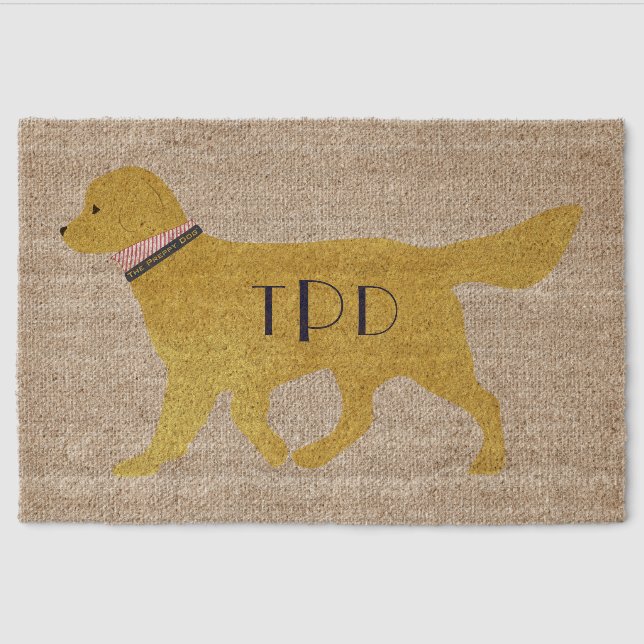 Navy Monogram Preppy Golden Retriever Tan Jute Fiber Doormat (Front)