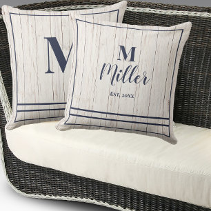 Navy Monogram Rustic Wood Family Beach House Throw Pillow