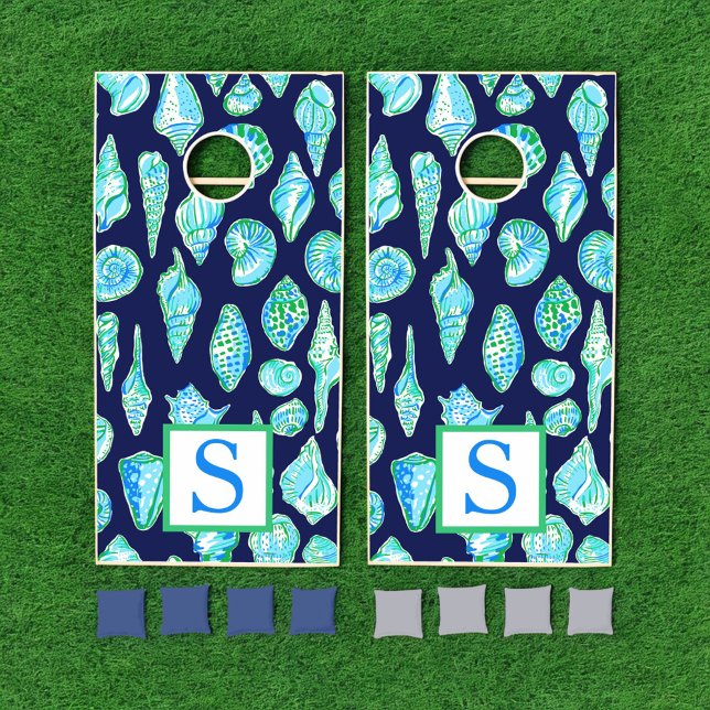 Navy Monogram Seashell Blue & Green Coastal Preppy Cornhole Set (Creator Uploaded)