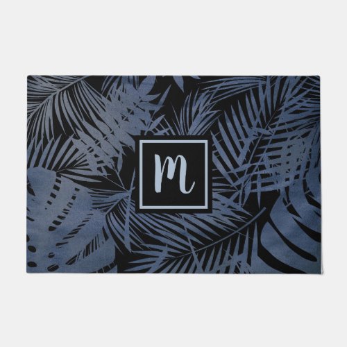 Navy monogram tropical palm leaf pattern modern  doormat