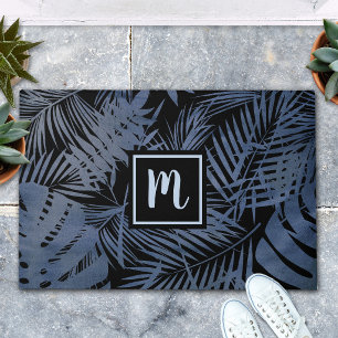 Navy monogram tropical palm leaf pattern modern  doormat