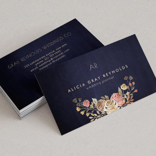 Navy Monogram Watercolor Floral Wedding Planner Business Card