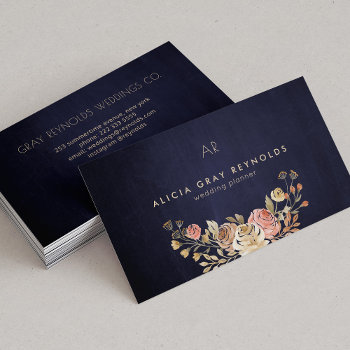 Navy Monogram Watercolor Floral Wedding Planner Business Card by uniqueoffice at Zazzle