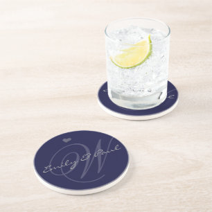Navy Monogram Wedding Anniversary Coasters