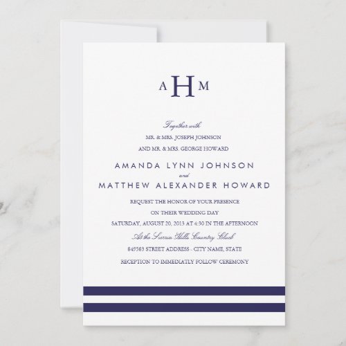 Navy Monogram Wedding Invitation 5" X 7" Invitation Card