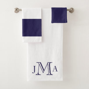 Navy Monogram White  Bath Towel Set