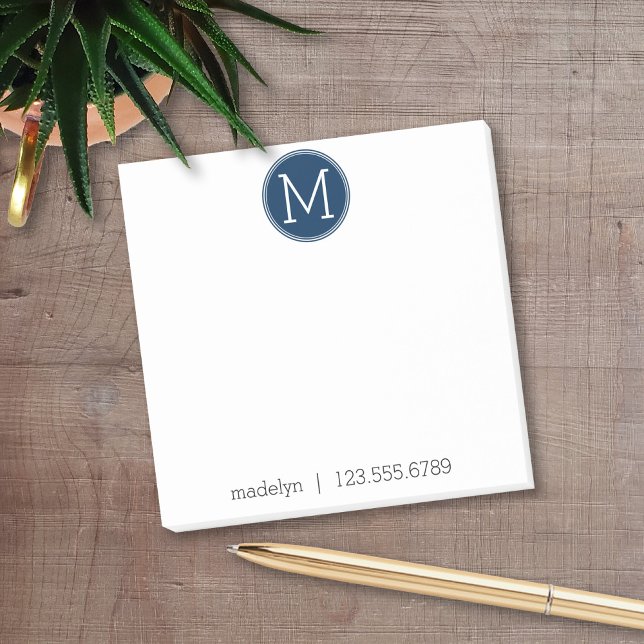 Navy Monogram with name and contact number Post-it Notes (Personalized Post It Notepads)