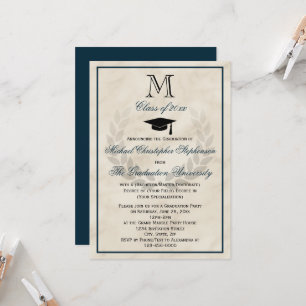 Navy Monogram Wreath Classic College Graduation Invitation