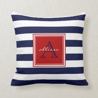 Navy Monogrammed Awning Stripe Throw Pillow