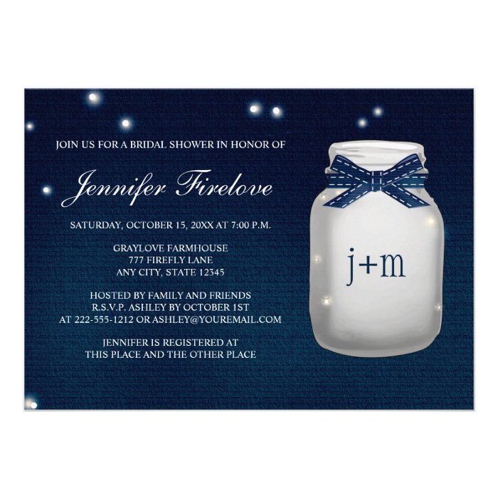 Navy Monogrammed Firefly Mason Jar Bridal Shower Invitation