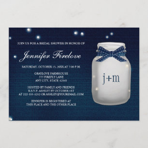 Navy Monogrammed Firefly Mason Jar Bridal Shower Invitation