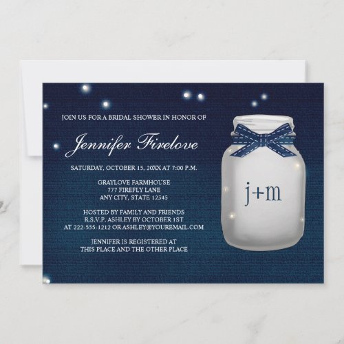 Navy Monogrammed Firefly Mason Jar Bridal Shower Invitation