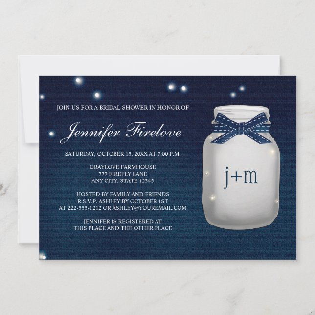 Navy Monogrammed Firefly Mason Jar Bridal Shower Invitation (Front)