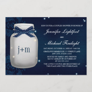 Navy Monogrammed Firefly Mason Jar Couples Shower Invitation