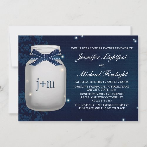 Navy Monogrammed Firefly Mason Jar Couples Shower Cards