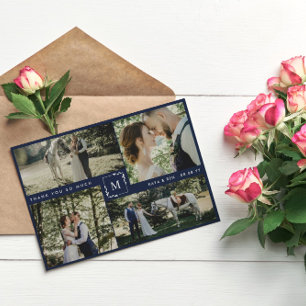 Navy Monogrammed Photo Collage Wedding Thank You Card