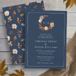 Navy Monogrammed Wedding Invitation<br><div class="desc">This elegant and modern wedding invitation features a wreath of hand-painted watercolor burnt orange and terracotta leaves,  cream and beige dahlias,  and beautiful rust-colored roses on a navy background with the bride and groom's monogram. Find matching items in the Navy Autumn Romance Collection.</div>