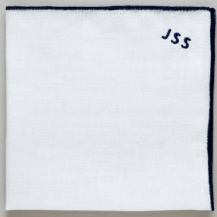 Navy Monogrammed White Linen Pocket Square