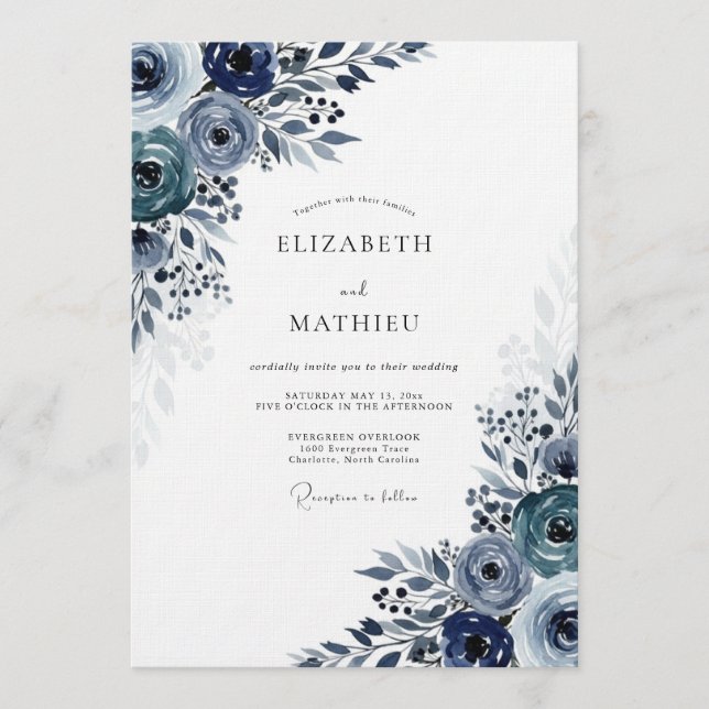 Navy Moody Bloom Wedding Invitation (Front)