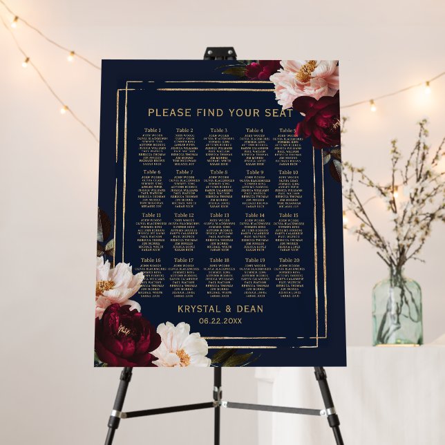 Navy Moody Burgundy Blush Floral Wedding Seating  Foam Board (In Situ (Stand))