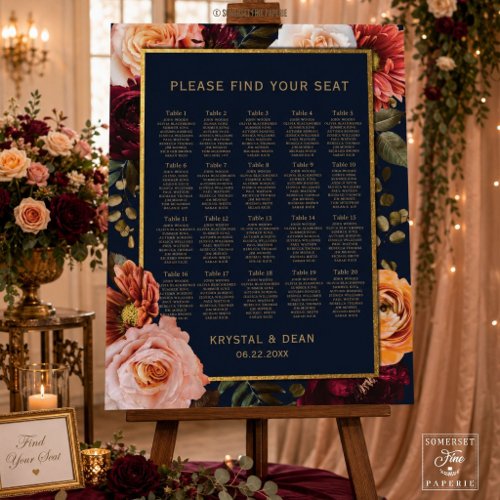 Navy Moody Burgundy Orange Floral Wedding Seating Foam Board