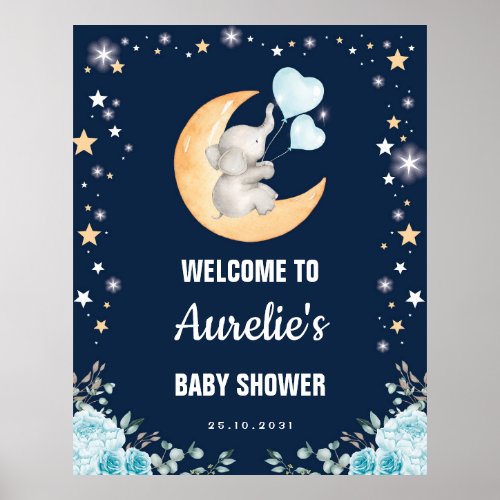 Navy Moon Elephant Balloon Boy Baby Shower Welcome Poster