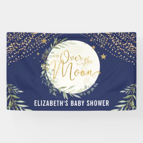 Navy Moon Star Greenery Gold Baby Shower Welcome Banner