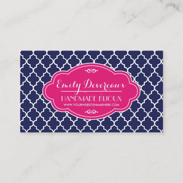 Navy Moroccan Tiles Lattice Personalized Business Card (Front)
