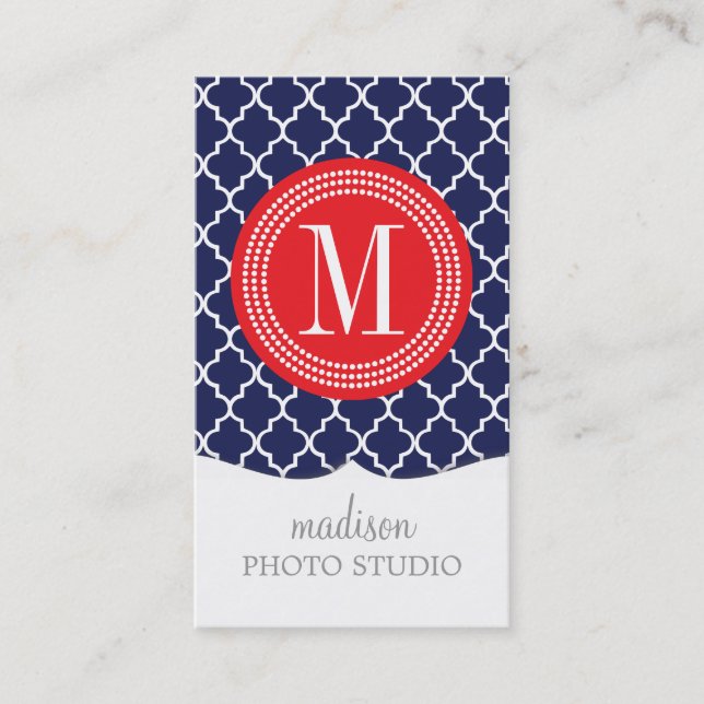 Navy Moroccan Tiles Lattice Personalized Business Card (Front)