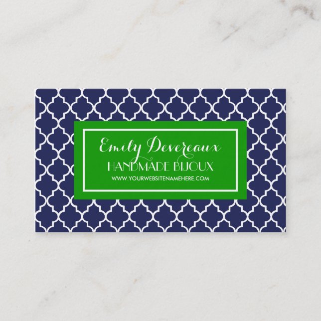 Navy Moroccan Tiles Lattice Personalized Business Card (Front)