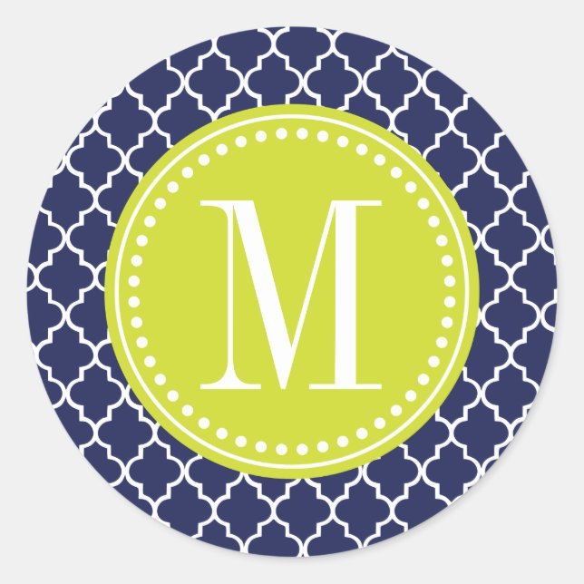 Navy Moroccan Tiles Lattice Personalized Classic Round Sticker (Front)