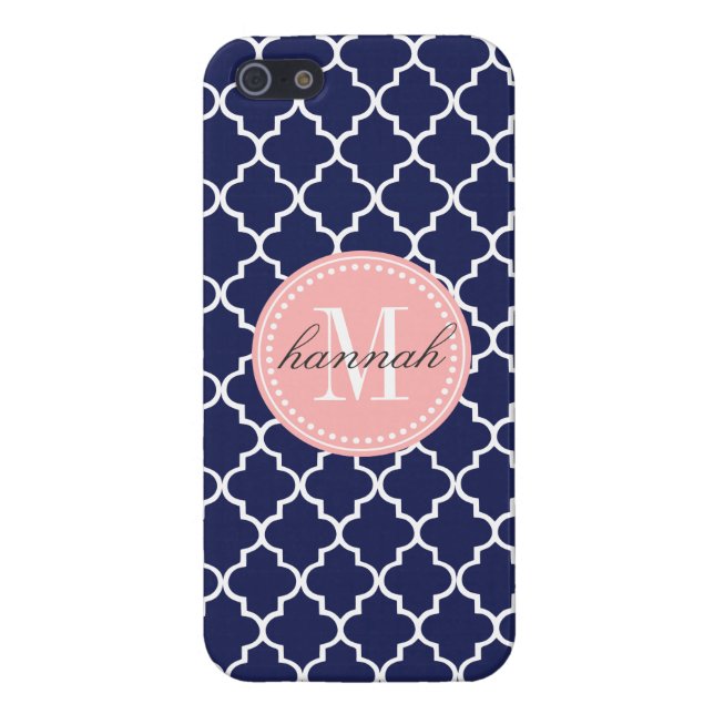Navy Moroccan Tiles Lattice Personalized iPhone Case (Back)