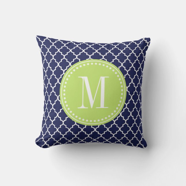 Navy Moroccan Tiles Lattice Personalized Throw Pillow (Front)